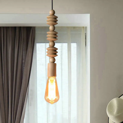 Japanese Style Bare Bulb Hanging Lamp - Wooden Deco Single Light Pendant Light in Beige - Ideal for Kitchen