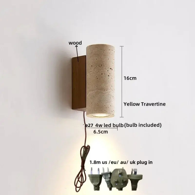 Yellow travertine cylindrical wall lights with wooden backplate decorbites iron led wall light for bedroom decor