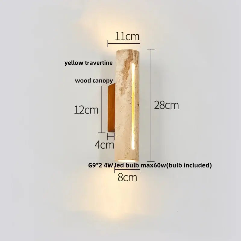 A modern japanese style iron led wall light with yellow travertine stone body and wooden canopy for bedroom decorbites