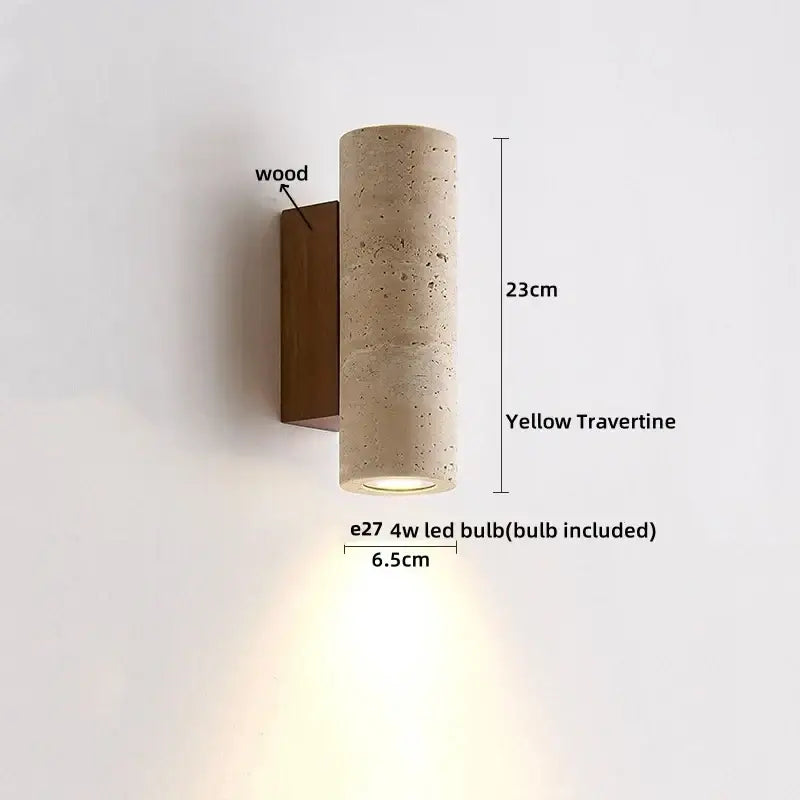 Yellow travertine cylindrical wall lights with wooden backplate decorbites iron led wall sconce for bedroom decor