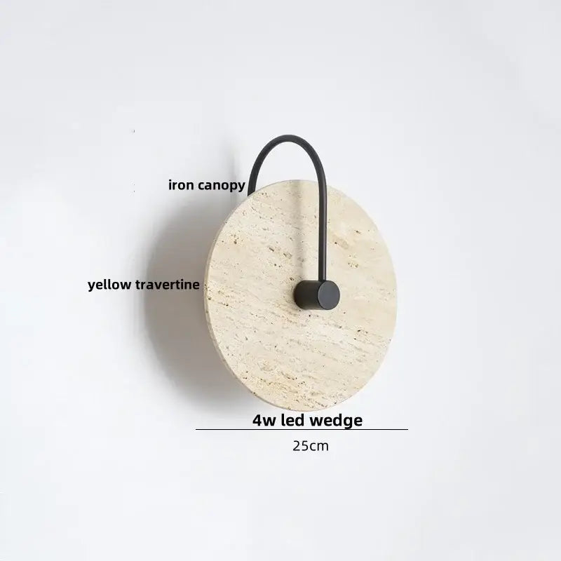 Circular yellow travertine wall lights with black iron led canopy by decorbites for japanese style bedroom sconce