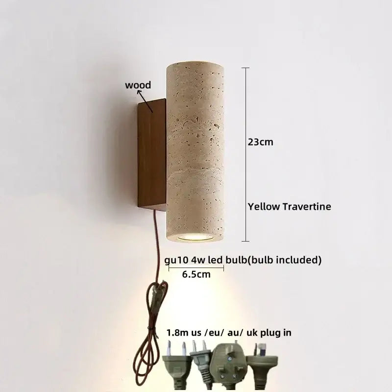 Yellow travertine cylindrical wall lights with wooden backplate decorbites iron led wall sconce for bedroom decor