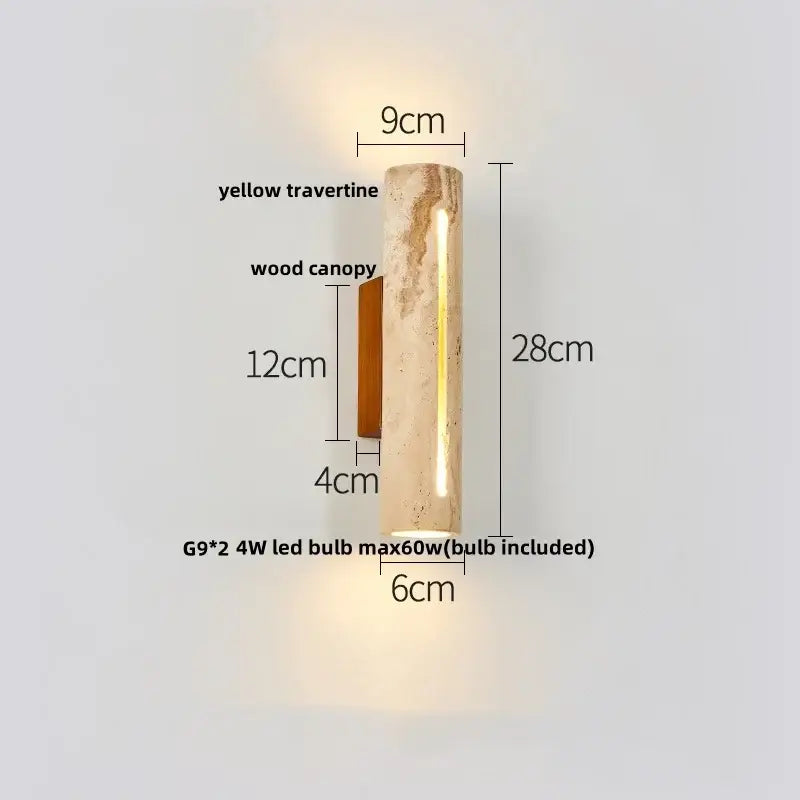 A modern wall light with yellow travertine cylinder and wooden canopy featuring an iron led wall for bedroom sconce decorbites
