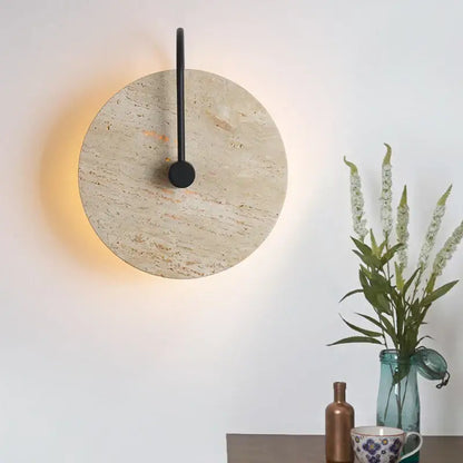 Circular beige stone wall lights with sleek black iron led fixture for japanese style bedroom decorbites iron led wall
