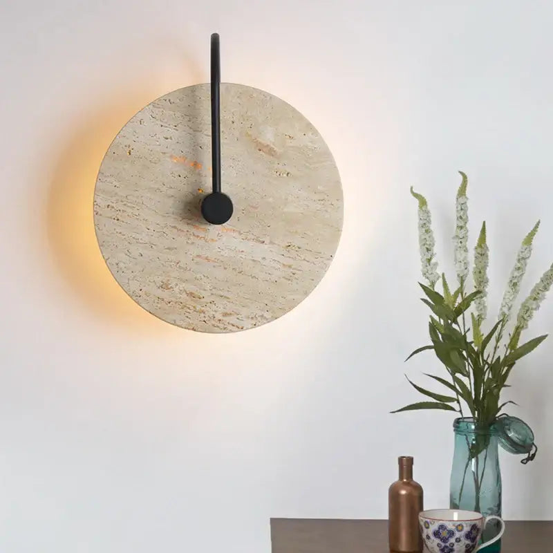 Circular beige stone wall lights with sleek black iron led fixture for japanese style bedroom decorbites iron led wall
