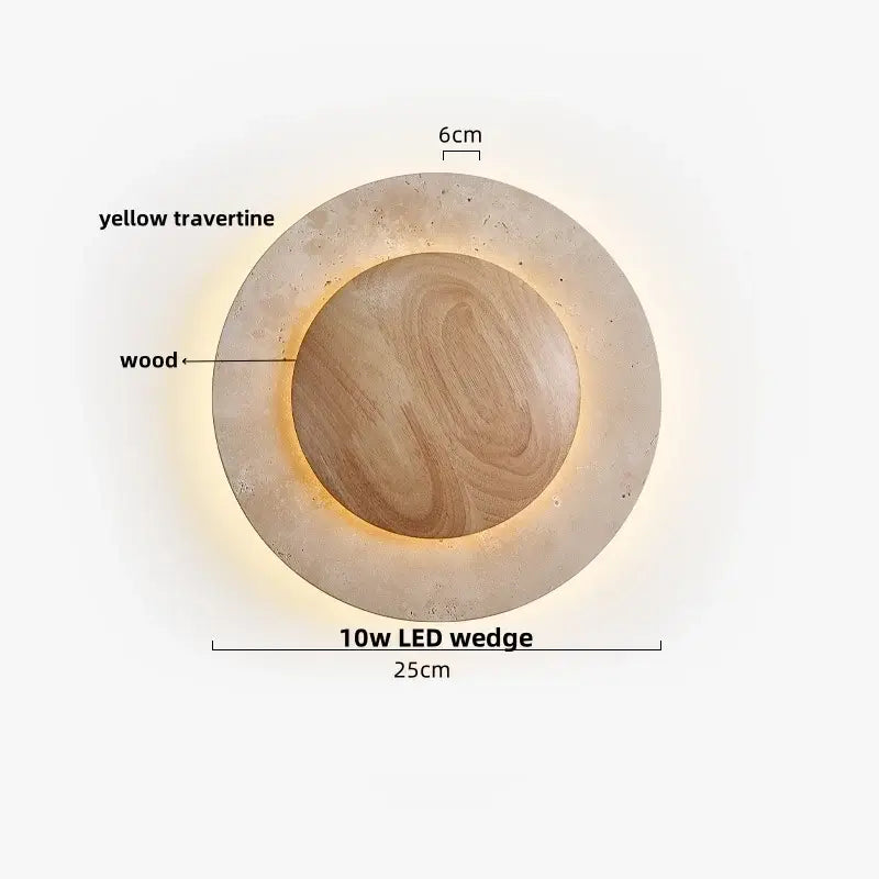 Circular japanese style beige stone and iron led wall light with central wood disc and integrated 10w led wedge for bedroom decorbites iron led wall lights