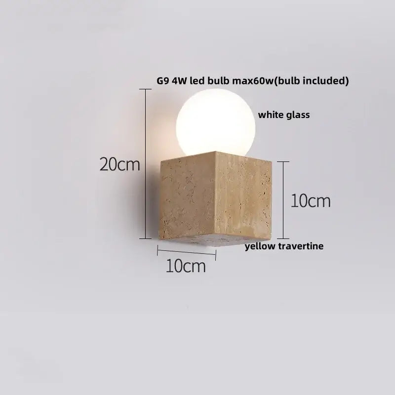 Japanese style beige stone and iron led wall lights bedroom sconce with square yellow travertine base and white glass bulb