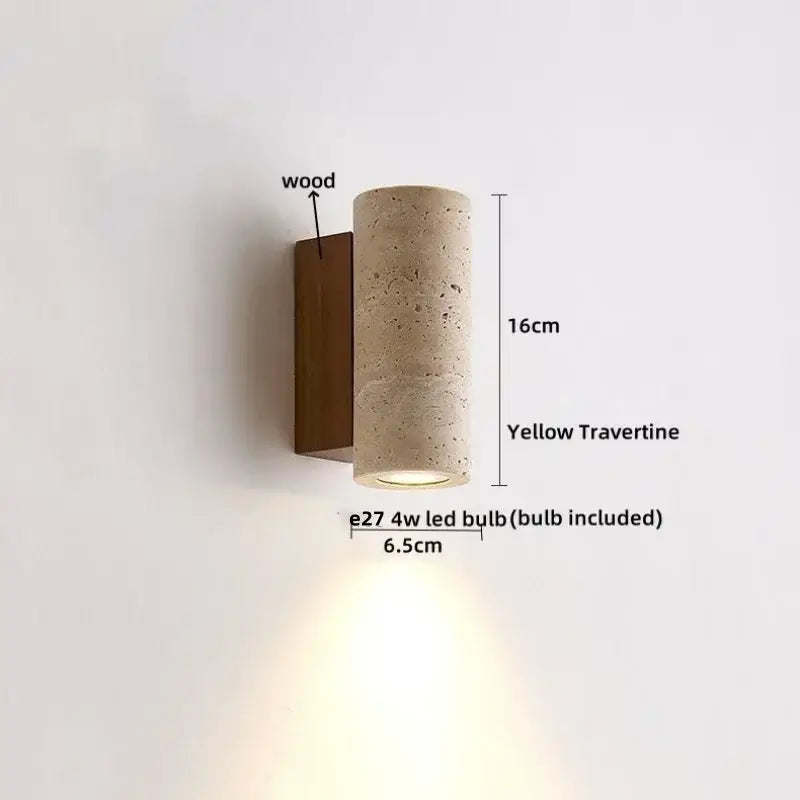 A modern beige cylindrical wall light with textured travertine body wooden backplate and integrated 4w led bulb decorbites iron led wall
