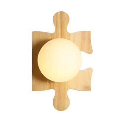 Japanese style wall light featuring a beige spherical lamp set in a light wood wooden puzzle base for corridor use