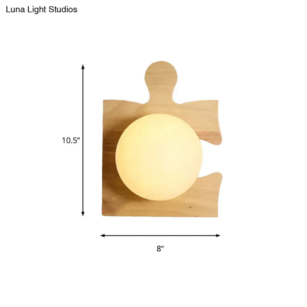 Warm-toned spherical wall light nestled in a beige wooden puzzle base ideal for corridor lighting