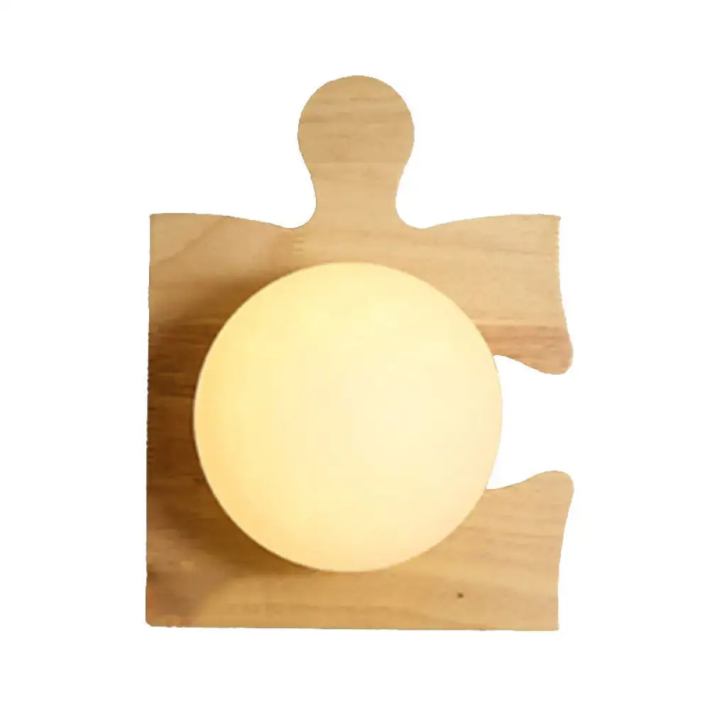 Warm-toned circular led wall light mounted on beige wooden puzzle base for corridor lighting