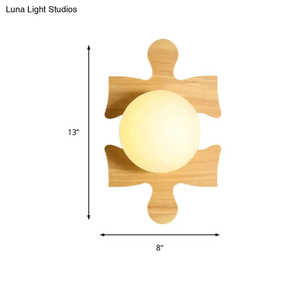 Japanese style wall light with beige round lampshade and light wooden puzzle base for corridor lighting