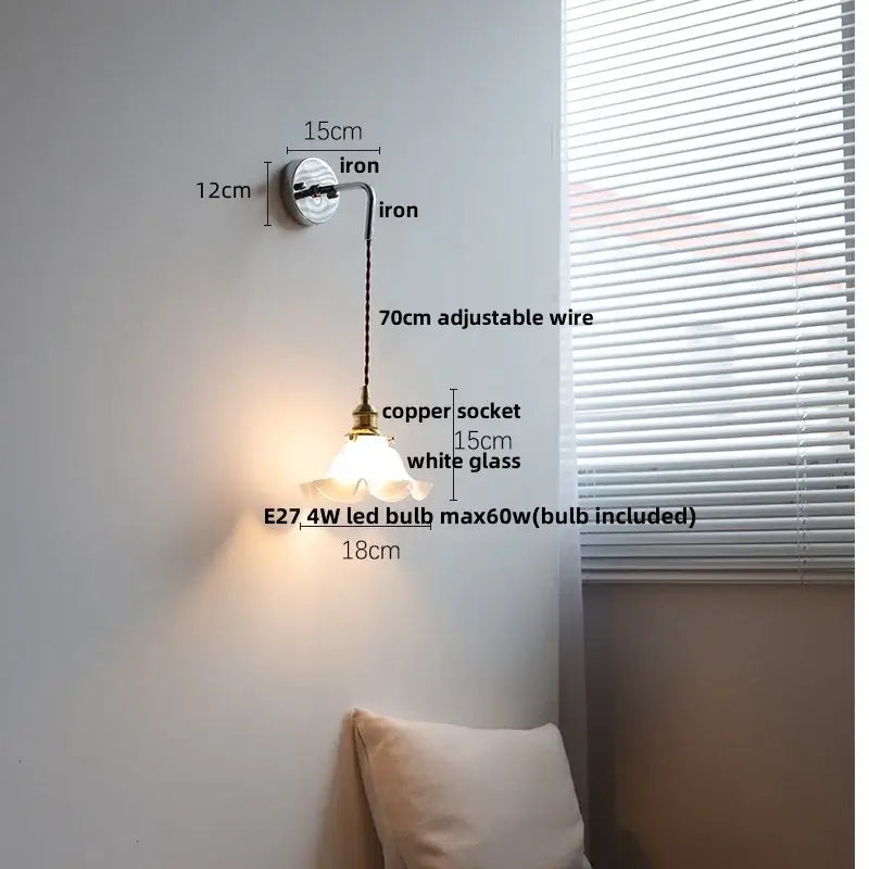 Japanese style black and brass wall lamp with brass iron base, adjustable copper socket, white glass shade, and pull chain light fixture