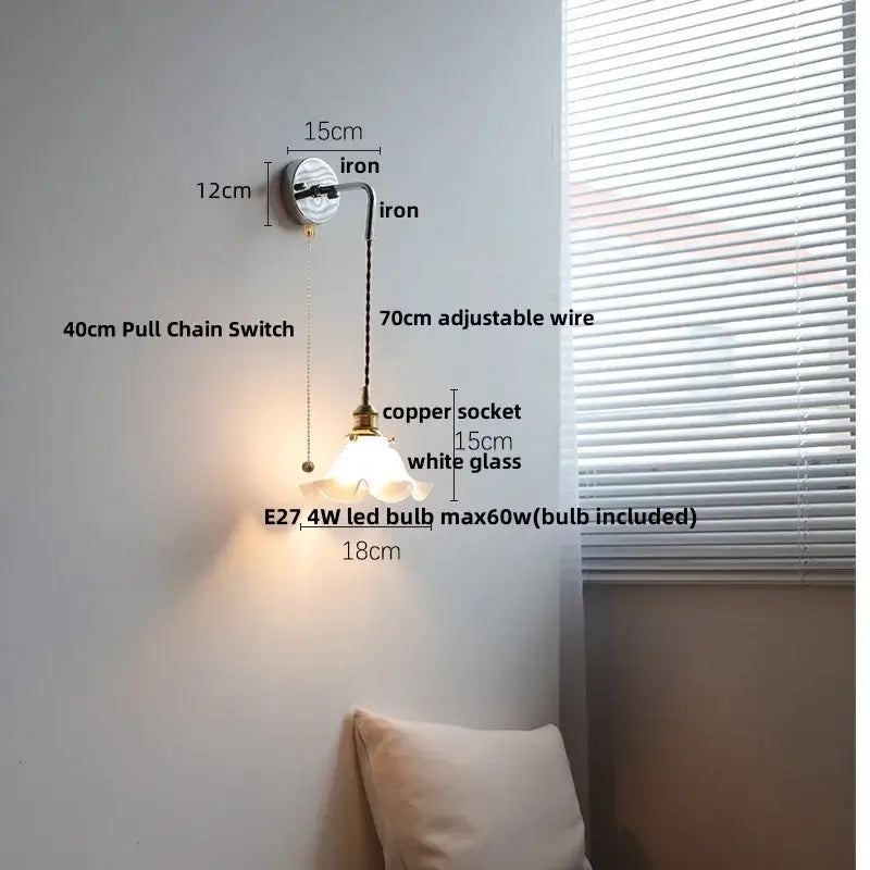 Japanese style black wall lamp with brass pull chain features iron base copper socket and white glass shade light fixtures