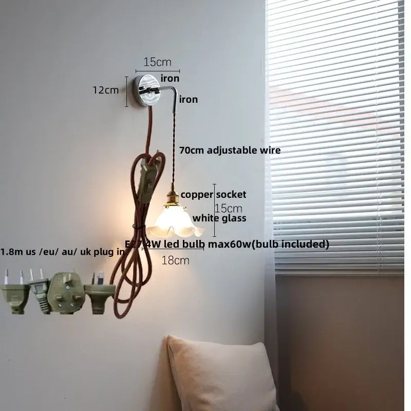 Adjustable japanese style wall lamp with polished iron base copper socket white glass shade pull chain light fixtures