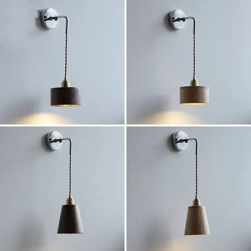 Dark wood finished japanese style wall lamp with brass accent and pull chain braided cord light fixtures