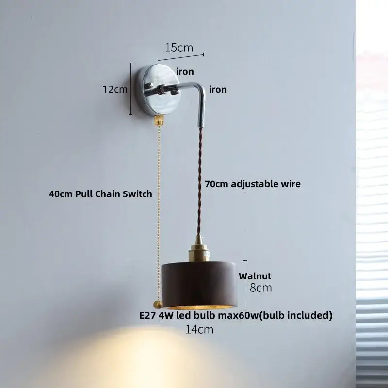 Japanese style black and brass wall lamp with dark walnut shade pull chain light fixture on iron bracket