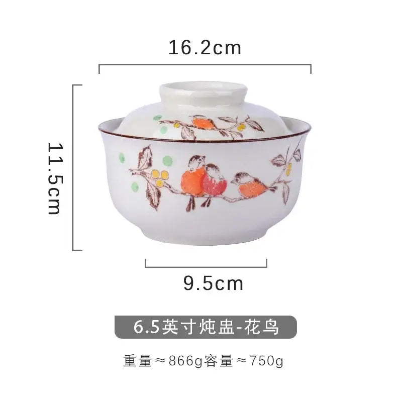 White ceramic ramen bowl with lid featuring hand-painted orange and red birds and brown trim japanese style decorbites japanese style