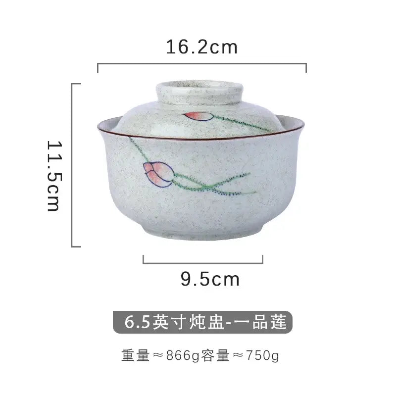 Japanese style ramen bowl with lid featuring delicate ceramic construction and hand-painted pink lotus decor by decorbites japanese style