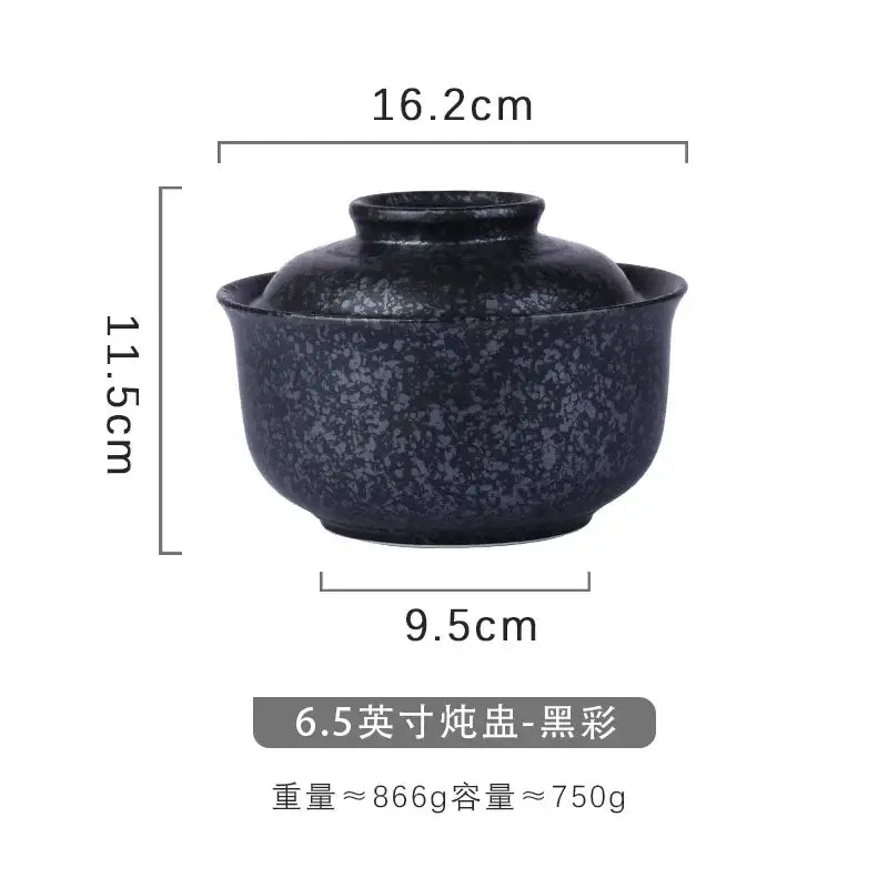 Japanese style black speckled ceramic ramen bowl 6.5 inch diameter with matching lid by decorbites japanese style