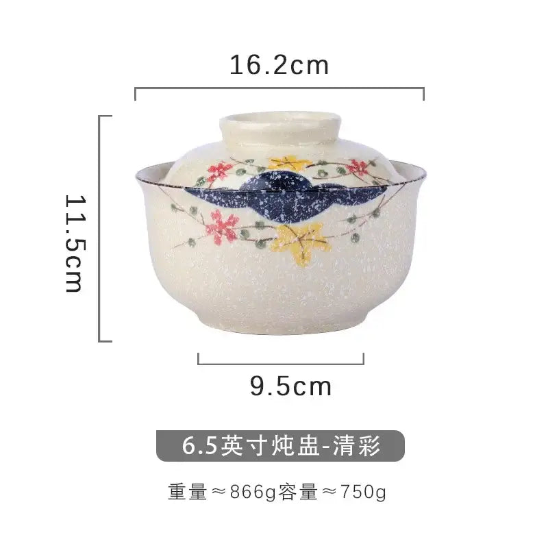 Japanese style ceramic ramen bowl with lid featuring speckled off-white glaze and vibrant floral and bird motifs decorbites japanese style