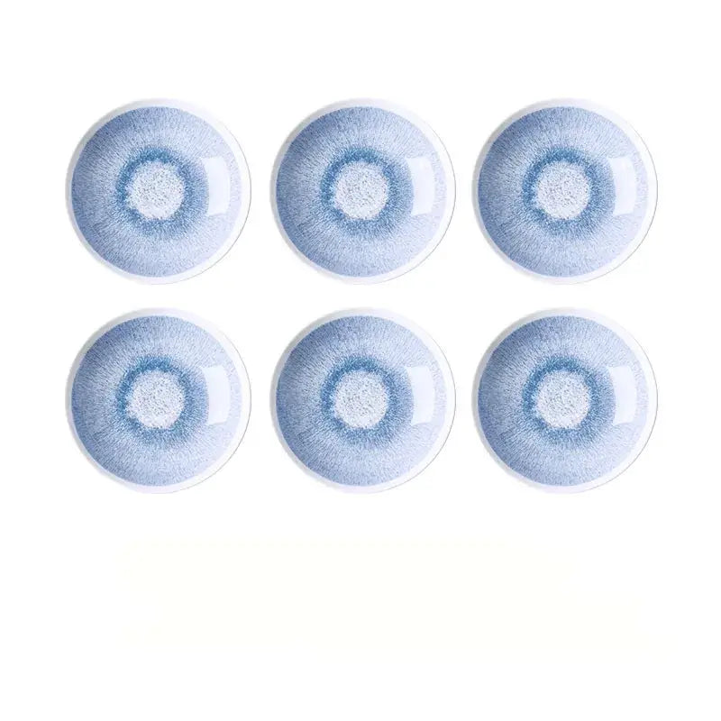 Set of six blue and white ceramic deep dish bowls with delicate radial glaze pattern for Japanese style dining