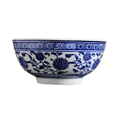 A classic white ceramic noodle bowl with intricate blue floral patterns in a Japanese style set of 3
