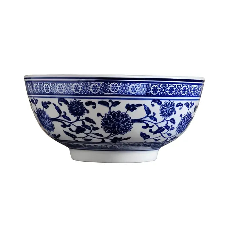 A classic white ceramic noodle bowl with intricate blue floral patterns in a Japanese style set of 3