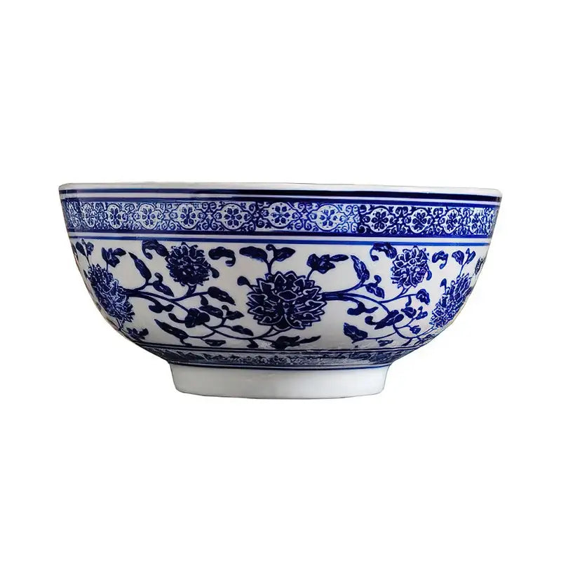 Classic white porcelain ceramic noodle bowl with blue floral vine patterns and decorative rim in japanese style set of 3