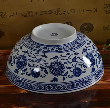 Traditional blue and white ceramic noodle bowl with intricate floral patterns in a Japanese style dining set of 3
