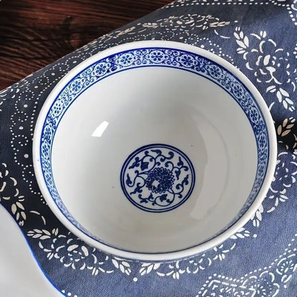 Japanese style blue and white ceramic noodle bowl with intricate floral patterns and classic porcelain finish set of 3