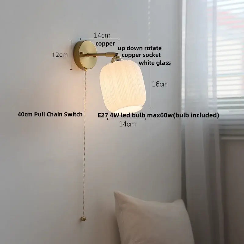 Copper wall sconce with white glass shade and e27 4w led bulb for decorbites japanese style bedroom pull light