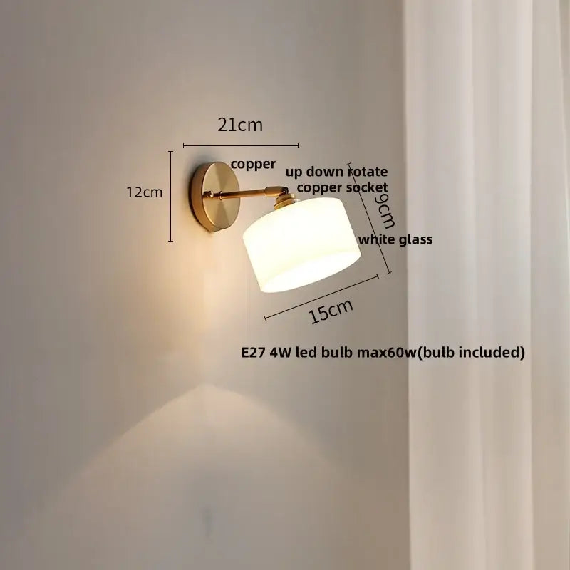 Copper wall sconce with white glass shade in decorbites japanese style led design for bedroom pull light use