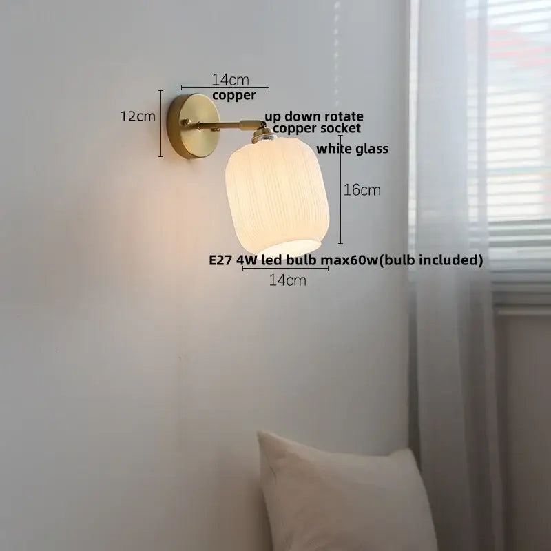 Copper wall sconce with white glass shade in decorbites japanese style led for bedroom pull light decor