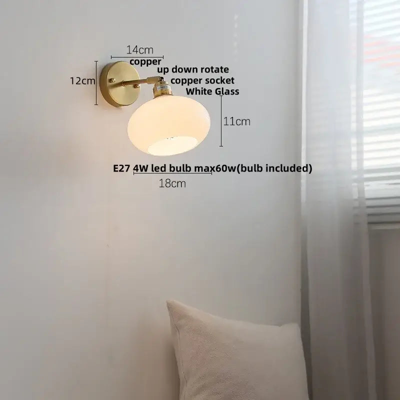 Copper-finished decorbites japanese style wall sconce with white glass globe and adjustable arm for bedroom lighting
