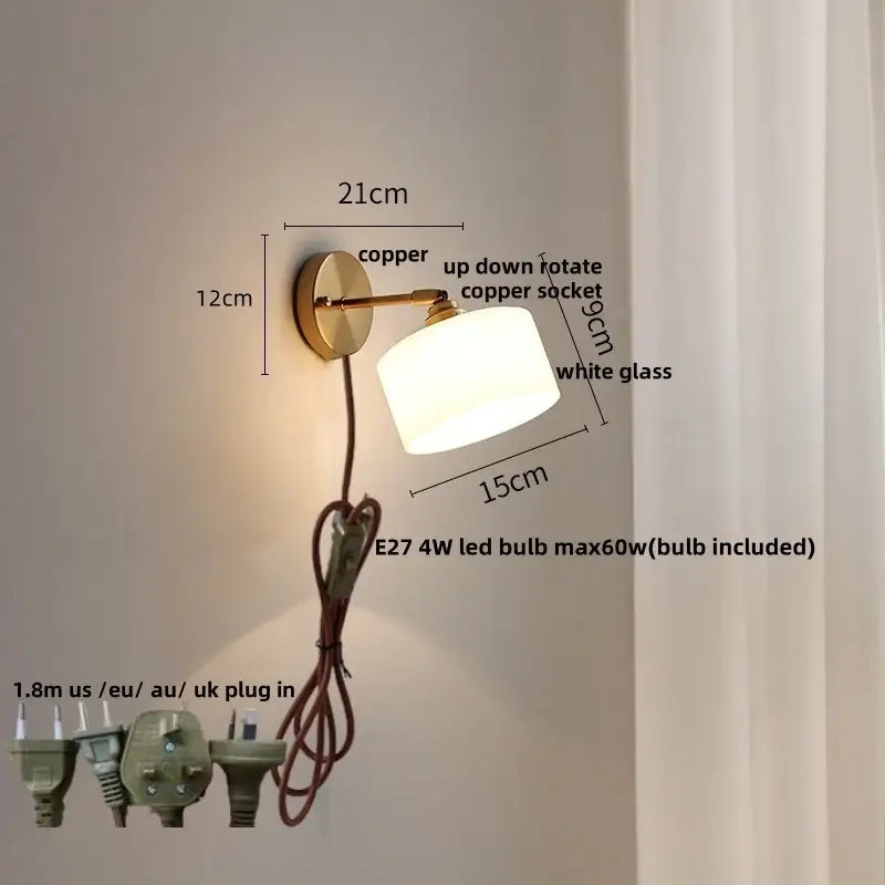 Copper-finished wall sconce with white glass shade and adjustable socket decorbites japanese style led bedroom light