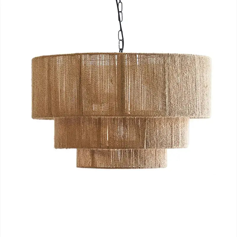 Tropical woven rope tiered chandelier with natural beige layered cylindrical shades for bedroom hemp rope pendant lights decorbites hemp rope