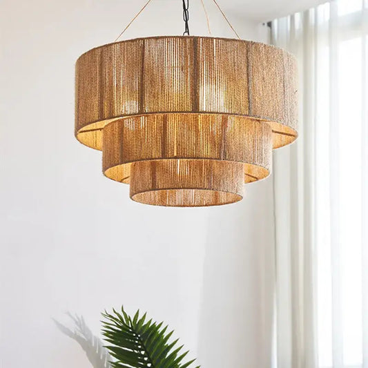 Golden tiered hemp rope pendant light crafted from woven natural fibers for Japanese style bedroom decorbites hemp rope decor