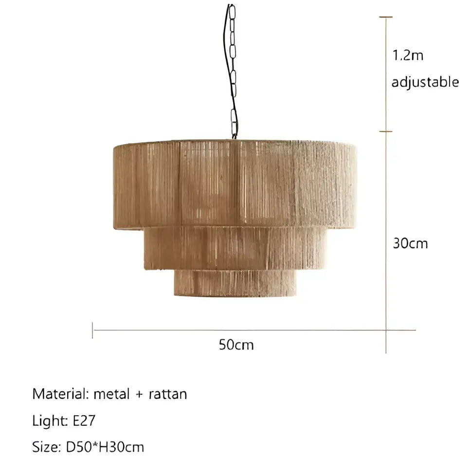 Beige tiered rattan hemp rope pendant light with metal accents and adjustable chain for bedroom decorbites hemp rope