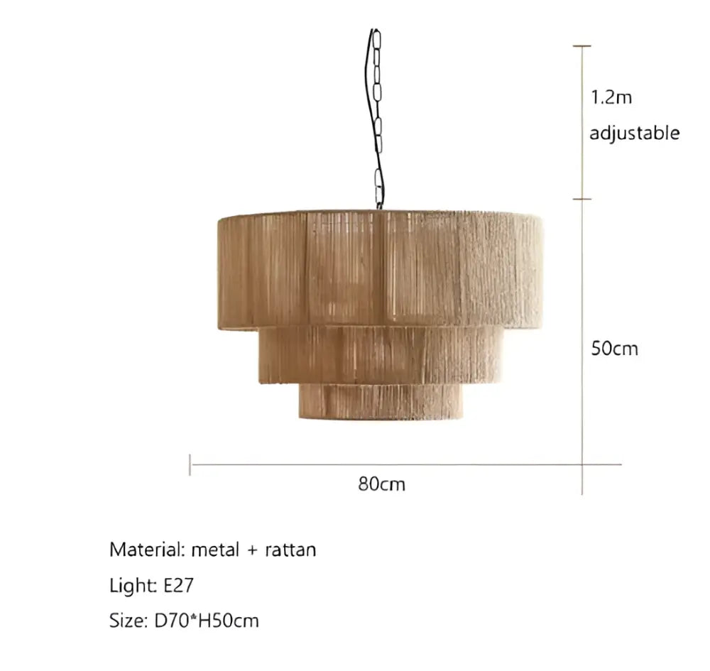 A tiered natural-toned rattan hemp rope pendant light with metal chain suspension for bedroom decorbites hemp rope