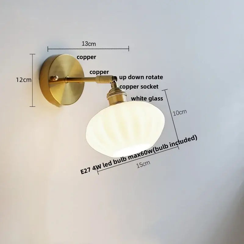 Vintage-style wall sconce with polished copper finish and white glass shade japanese style led decorbites bedroom light