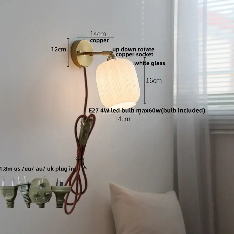Japanese style led brass wall sconce with copper finish and white glass shade for bedroom decorbites Japanese style lighting