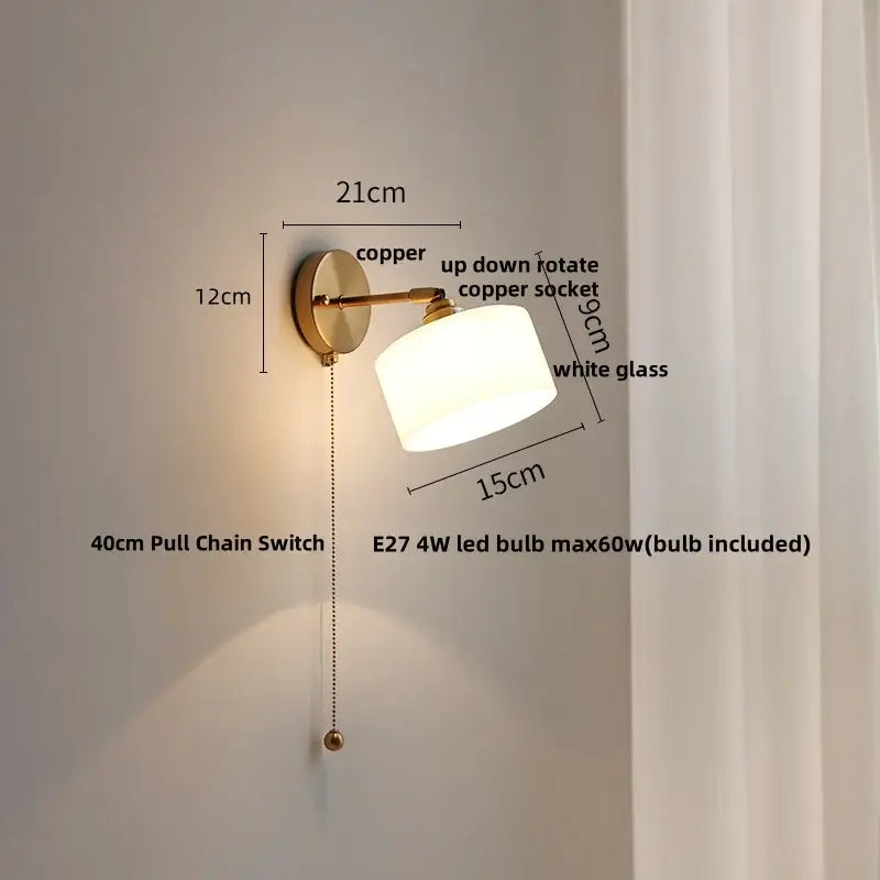 Copper-finished japanese style led wall sconce with white glass shade e27 4w led bulb for decorbites bedroom light
