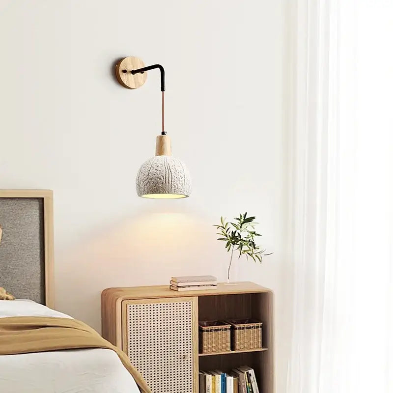 Minimalist decorbites japanese style led wall light with off-white ceramic shade black metal arm and wooden base for bedroom