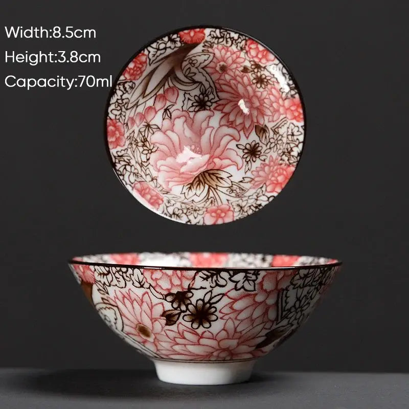 A delicate white ceramic kung fu tea cup with intricate pink and brown floral patterns for dining room decorbites blue
