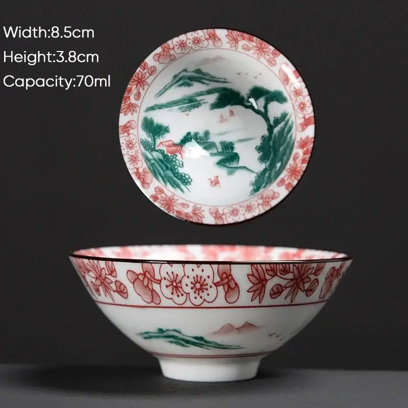 White ceramic kung fu tea cup with hand-painted red and green landscape design for decorbites blue dining room set