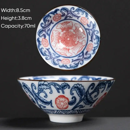 A delicate white ceramic kung fu tea bowl with intricate blue and red floral patterns for dining room decorbites blue