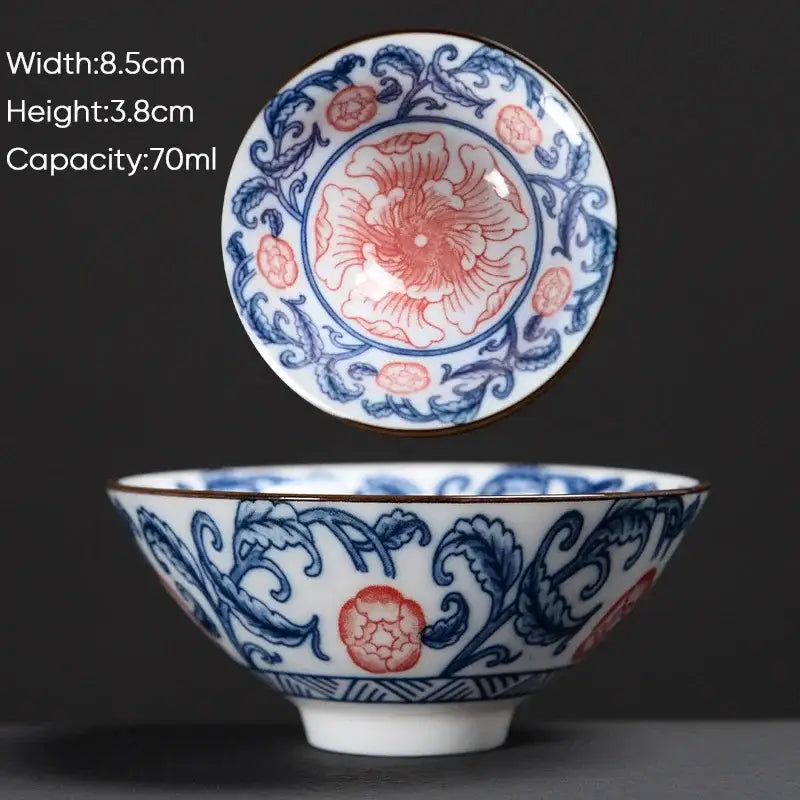 A delicate white ceramic kung fu tea bowl with intricate blue and red floral patterns for dining room decorbites blue