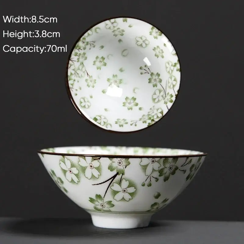 White ceramic kung fu tea cup with green cherry blossom patterns and dark brown rim for dining room decorbites blue set