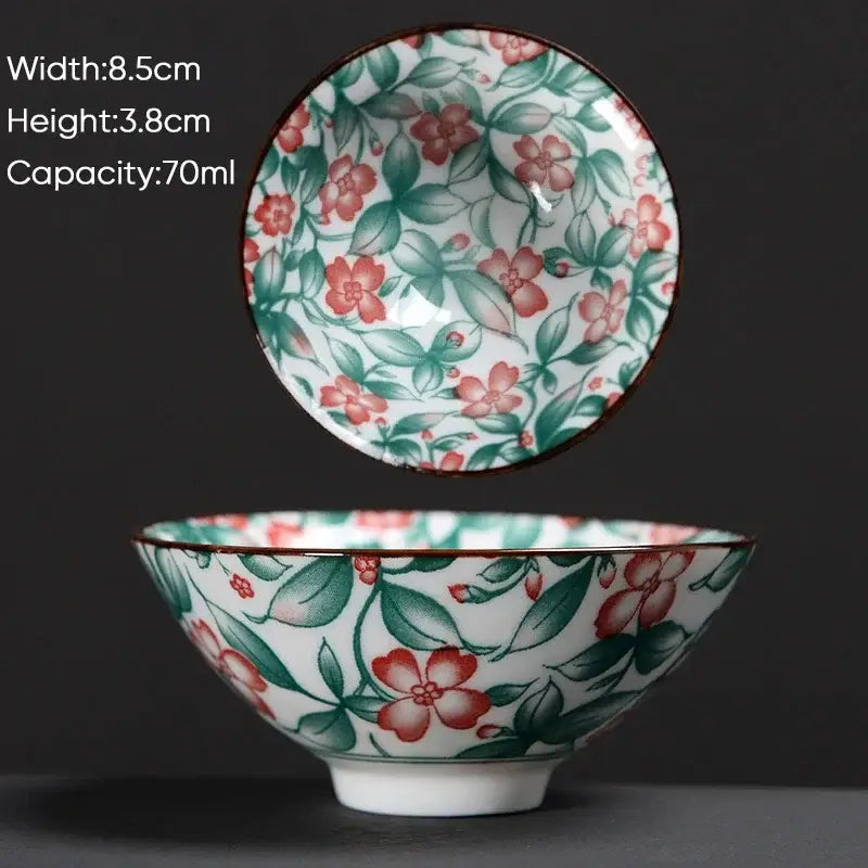 A delicate white ceramic kung fu tea cup with pink floral pattern and brown rim from decorbites blue set